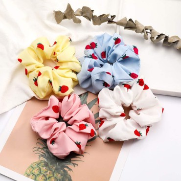 4 Pcs Hair Scrunchies with Strawberry Printed Cute...