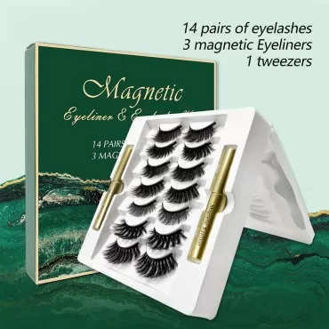 Magnetic Eyeliner & Eye Lashes Kit, 14 Pairs Magnetic False Eyelashes with 3 Magnetic Eyeliner, Reusable 3D Natural Magnetic False Eyelashes with Applicator, 14 Pairs Magnetic Lashes and Tweezers (Black-14 Pairs-A)
