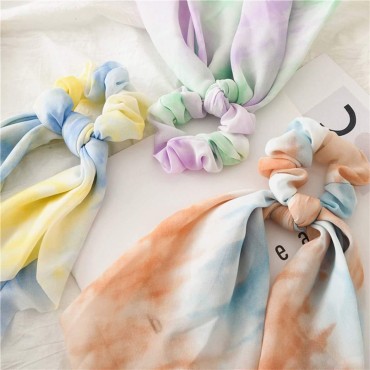 Outyua Bow Solid Tie Dye Scrunchies Chiffon Hair S...