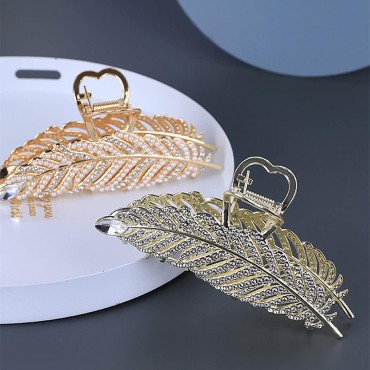 Rhinestone Hair Clips Pearl Leaf Shape Metal Hair ...