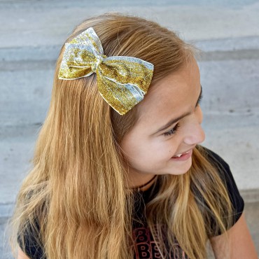 FROG SAC 6 Glitter Hair Bows for Girls, Cute Sparkly Bow For Kids, Little Girl Hair Accessories, Large 5 Inches Shimmering Child Bow Barrette Pack, Big Girls Party Favors