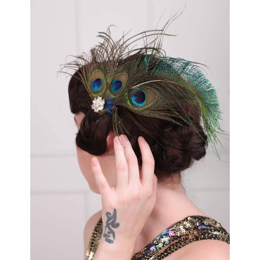 Aimimier 1920s Flapper Peacock Feather Hair Clip Great Gatsby Headpiece Prom Party Festival Roaring 20s Accessories for Women and Girls