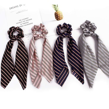 DINPREY 8 Pcs Silk Satin Hair Scrunchies Stripe Scarf Hair Ties Elastic Hair Bands Soft Hair Scarf Bunny Ear Scrunchies Bowknot Ponytail Holder for Women Girls (8 PCS Stripe scarf hair ties)