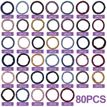 80pcs Elastic Hair Ties For Girl, PAGOW Elastic Hair Ponytail Holder, No Slip Colorful Hair Bands For Women Curly and Heavy Hair (2 PCS/Color, 10 Colors/Type, 4 Types)