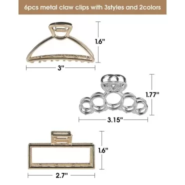 Hair Claw Clips, 6 Pcs Claw Hair Clips for Women and Girl, Non-Slip Metal Small Hair Clips for Thick Hair with 3 Styles