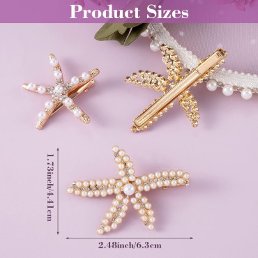 PAGOW 3 PCS Starfish Hair Clips, Gold Rhinestone Pearls Crystal Hair Clips, Sea Star Ponytail Holder, Faux Pearl Crystal Wedding Headpiece Hair Accessories For Women, Girls, Bride(1.73 x 2.48 Inch)