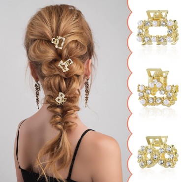 8 PCS Mini Pearl Hair Clips, PAGOW Gold Rhinestone Pearl Metal Claw Clips, Bangs Styling Claw Clips, Faux Pearl Crystal Sparkly Hairpins Hair Accessories for Women And Girls (8 Designs)
