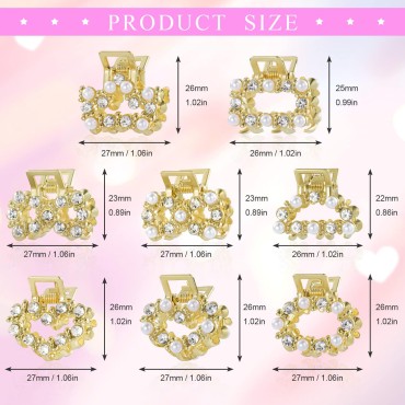 8 PCS Mini Pearl Hair Clips, PAGOW Gold Rhinestone Pearl Metal Claw Clips, Bangs Styling Claw Clips, Faux Pearl Crystal Sparkly Hairpins Hair Accessories for Women And Girls (8 Designs)