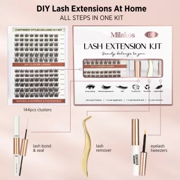 Milakos DIY Lash Extension Kit: 144 Pcs Individual Lash Clusters with Lash Bond and Seal and Lash Remover - at Home Eyelash Extensions Kit Includes Applicator Natural Look Lashes