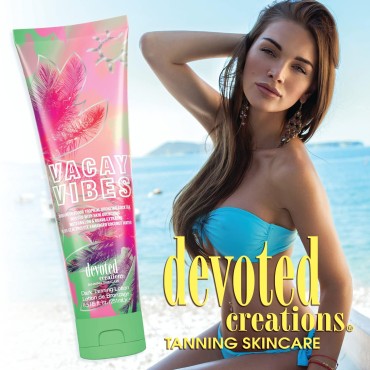 Devoted Creations Vacay Vibes Tanning Lotion - Indoor/Outdoor Tropical Bronzing Cocktail Infused with Skin Quenching Watermelon and Guava Extracts, plus Electrolyte Enhanced Coconut Water - 8.5 oz.