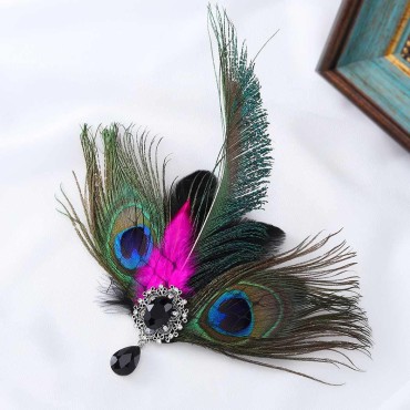 GORTIN Peacock Feather Hair Clip 1920s Gatsby Headpiece Black Art Deco Roaring Headband Flapper Halloween Great Gatsby Hair Accessories for Women and Girls