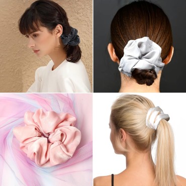 4pcs Silk Satin Hair Ties,Oversized Soft Hair Scrunchies for Women Girls Gift,Elastic Ponytail Holder Decorations,Hair Style Accessories,Light brown, coffee, dark brown, off-white Scrunchy for Thick or Thin Hair