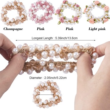 4 PCS HINZIC Pearl Crystal Hair Elastic Ties Pink ...