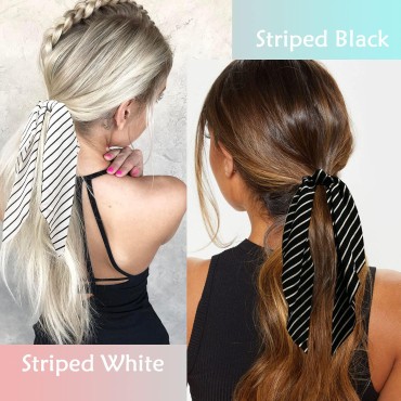 Hair Scarf Scrunchies Black White Hair Ribbon Ties Scrunchie Tail Silk/Chiffon Solid Color/Polka Dot/Strip Knotted Bowknot Long Bow Ponytail Holder Hair Elastic Bands Hair Accessories for Women Lady (6PCS)