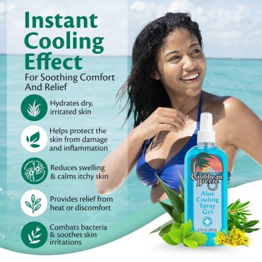 Caribbean Breeze Aloe Cooling Spray Gel, Mango Lime Spray Aloe Vera Gel Sunburn Relief, Vitamin Enriched with Camellia and Tea Tree Extracts, 100% Aloe Vera Gel For Face & Body, 8.5 oz (250 ml)