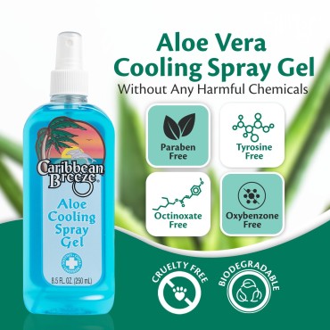 Caribbean Breeze Aloe Cooling Spray Gel, Mango Lime Spray Aloe Vera Gel Sunburn Relief, Vitamin Enriched with Camellia and Tea Tree Extracts, 100% Aloe Vera Gel For Face & Body, 8.5 oz (250 ml)