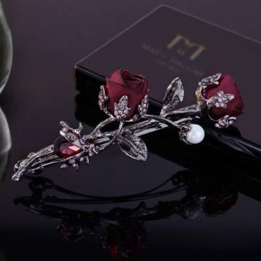 Elegant Rhinestones Rose Flower Metal Hair Clips Hair Barrette Ponytail Holder Slide Clips Hair Jewelry for Wedding,Party (Red)