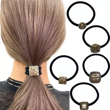 Firecolor Chic 5Pcs Fancy Black Hair Ties Elastic Bracelet Crystal Rhinestone Ponytail Holders Hair Bands Sparkly for Women Girls Loss-proof Hair Ring (WJT6)
