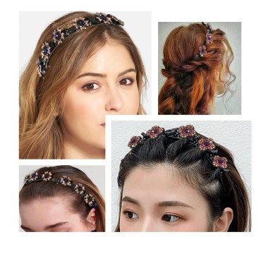 HOSAILY 4Pcs Sparkling Crystal Stone Braided Hair Clips and 2Pcs Hairpin Headbands Double Layer with Rhinestones, Four-Leaf Clover Chopped Hairpin Duckbill Clip with 3 Small Clips for Women and Girls