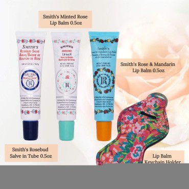 Smiths Rosebud Salve Lip Balm and Lip Balm Holder Keychain Bundle - Natural Rose Salve Rosebud Lip Balm Rose Salve Lip Balm and Case for Teens, Women and Men Three Famous Flavor Rosebuds Salve