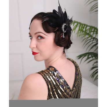 Aimimier 1920s Flapper Feather Hair Clip Black Roaring 20s Headpiece Costume Masquerade Gatsby Hair Jewelry for Women and Girls (Style 1)