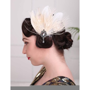 Aimimier 1920s Flapper Feather Hair Clip Ivory Great Gatsby Headpiece Prom Party Roaring 20s Accessories for Women and Girls