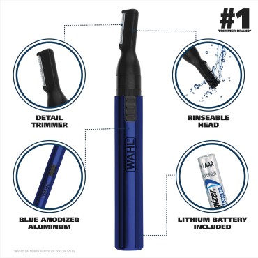 Wahl Lithium Pen Detail Trimmer with Interchangeable Heads for Nose, Ear, Neckline, Eyebrow, & Other Detailing - Rinseable Blades for Hygienic Grooming & Easy Cleaning - Blue - Model 5643-400