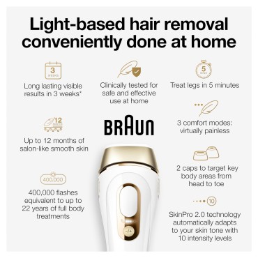 Braun IPL Long-lasting Laser Hair Removal Device for Women & Men, Silk Expert Pro5 PL5157, Safe & Virtually Painless Alternative to Salon Laser Hair Removal, Full Body, With Venus Razor & Luxury Case