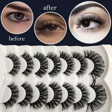 VEEJION 7 Pairs Curly False Eyelashes, Russian Strip Lashes Fluffy Cross Natural Look Strips Eyelashes 4 Styles Mixed Cat Eye Full Reusable Dramatics Lashes Pack