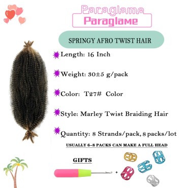 Marley Twist Braiding Hair Pre-Separated Springy Afro Twist 16 Inch 8 Packs Spring Twist Hair Kinky Twist for Faux Locs Crochet Braiding Afro Twist Hair Extensions for Women(16Inch(Pack of 8), T27)