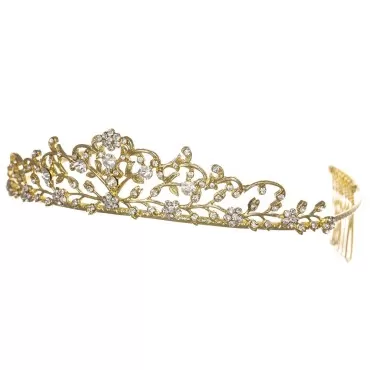 Flower Vine Design Bridal Tiara Crown - Clear Crystals Gold Plating T710