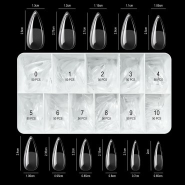 Freeorr 550 Pcs Soft Gel Full Cover Nail Tips with 2 Pcs Nail Files and Cuticle Pusher, 10 Sizes Clear Acrylic Full Cover Fake Nail Tips with Box, Press On Nail Kit for Soak Off Nail Extensions(Short Stiletto)