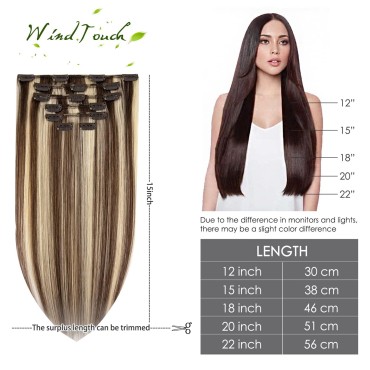 Clip in Hair Extensions Medium Brown to Blonde Highlights For Women 20Inch Soft Human Remy Hair Extensions 9A Grade #4P613 70g 7PCS