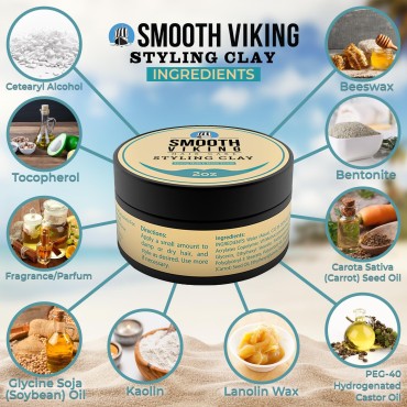 Smooth Viking Hair Clay for Men - Strong Hold, Matte Finish Hair Styling Product for Effortless Styling, Long-Lasting Control & Polished Appearance, 2oz