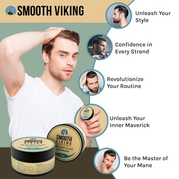 Smooth Viking Hair Clay for Men - Strong Hold, Matte Finish Hair Styling Product for Effortless Styling, Long-Lasting Control & Polished Appearance, 2oz