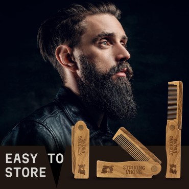 Striking Viking Folding Wooden Comb for Men - Hair, Mustache & Beard Comb - Styling Comb - Sandalwood Switchblade Comb for Everyday Beard Grooming - Use Dry or with Beard Oils & Balms