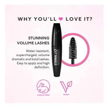Eternal Stunning Volume Lashes Water Resistant Mascara - No Smudging or Clumping False Lash Effect Makeup, 0.44 Oz (Black)