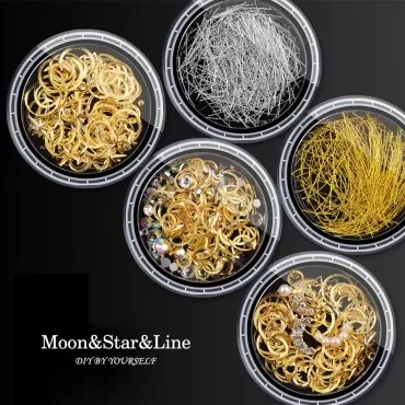 Lookathot 1 Box 3D Mixed Design Nail Art Stickers Decals Metallic Studs Rhinestones Moon Star Gold Silver Line Pattern Manicure DIY Decoration Tools (XY-02)