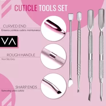 VAGA Set of 4 Professional Stainless Steel Manicure Cuticles Maintenance And Treatments Double Ended Tools Accessories - Long Pushers, Trimmers Cutters, Scrapers