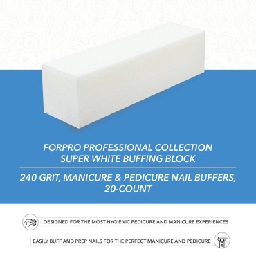 ForPro Super White Buffing Block, 240 Grit, Four-Sided Manicure and Pedicure Nail Buffer, 3.75” L x 1” W x 1” H, 20-Count