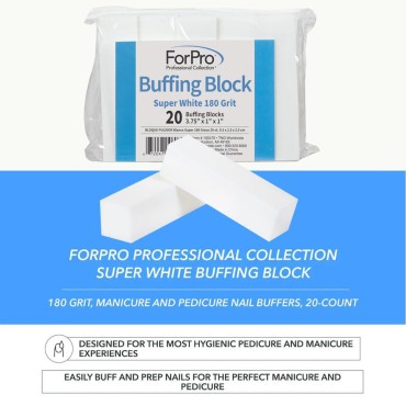 ForPro Super White Buffing Block, 180 Grit, Four-Sided Manicure and Pedicure Nail Buffer, 3.75” L x 1” W x 1” H, 20-Count