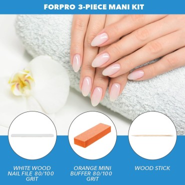 ForPro 3-Piece Manicure Kit, 300-Count, Individually-Packed,White Wood Nail File 80/100 Grit, Orange Mini Buffer 100/180 Grit, Wood Stick
