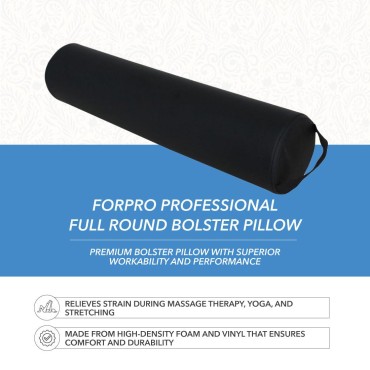 ForPro Full Round Bolster Pillow, Black, Oil and Stain-Resistant, for Massage and Yoga, 6” R x 26” L