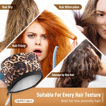 Hair Steamer Deep Conditioning Heat Cap Adjustable Hair Care Heating Cap with Intelligent Protection, Sturdy Material, and 2 Reusable Shower Caps, Gifts for Women (Leopard)