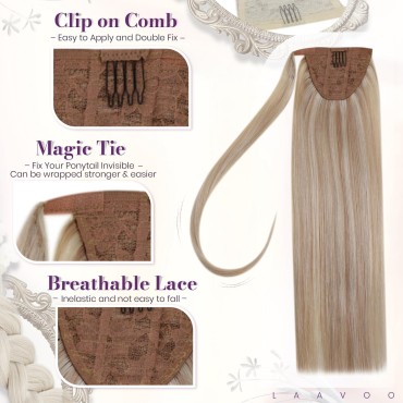 LaaVoo Blonde Hair Extensions Ponytail Real Human Hair 18