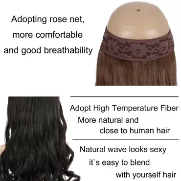 GIRLSHOW Hair Extensions with Invisible Wire Transparent Headband Synthetic 20 Inch 4.4 Oz Wavy Curly Adjustable Size No Clip Hairpieces for Women (Strawberry Blonde & Medium Brown Highlights -#48, 20 Inch)