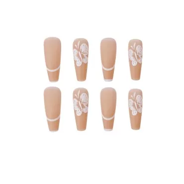 MISUD 24Pcs Extra Long Coffin False Nails, Fashion Ballerina Acrylic Nails, Butterfly Nails Art, Gift for Women and Girls (Brown)