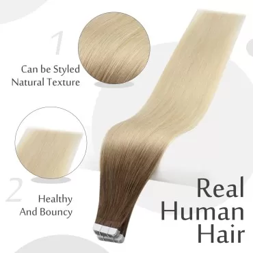 Full Shine Tape in Hair Extensions 14 Inch Tape in Human Hair Blonde Balayage 7B Fading to 613 Blonde Real Human Hair Tape in Extensions 20 Pcs 50 Grams Double Sided Hair Extensions Tape in