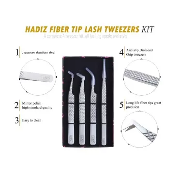Fiber Tip Lash Tweezers Set Of 4 Eyelash Extension Tweezers Professional Tweezers For Artists & Academy Trainers Anti Slip Diamond Grip Japanese Steel Lash Tweezers
