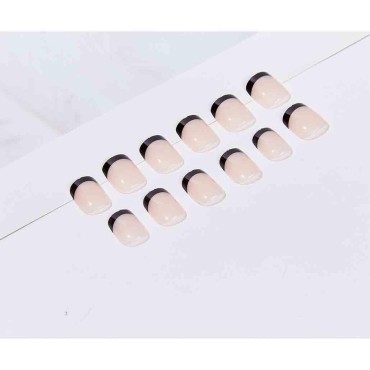 Foccna French False/Fake Nails Tips Square Press on Short Nude Women's Black Daily Wear Artificail Nails for Nail Art Manicure Decoration (Black)
